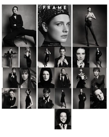 Black and white editorial photo collage featuring model Mirthe Dijkstra in various poses and dark attire