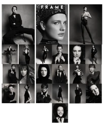 Black and white editorial photo collage featuring model Mirthe Dijkstra in various poses and dark attire