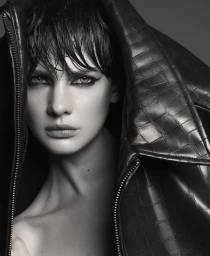Close-up portrait of a woman with wet hair wearing a textured leather jacket pulled up over her head, shot in monochrome.