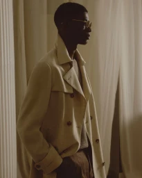 Model wearing a neutral beige trench coat and round eyeglasses against a draped curtain backdrop