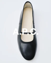 Top-down view of a black leather Mary Jane flat shoe centered on a plain white background with bold white typography.