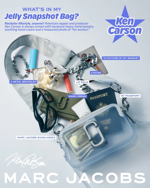 Overhead shot of a clear Marc Jacobs handbag filled with everyday items: passport, lip balm, sunglasses, hand cream, metal jewelry.