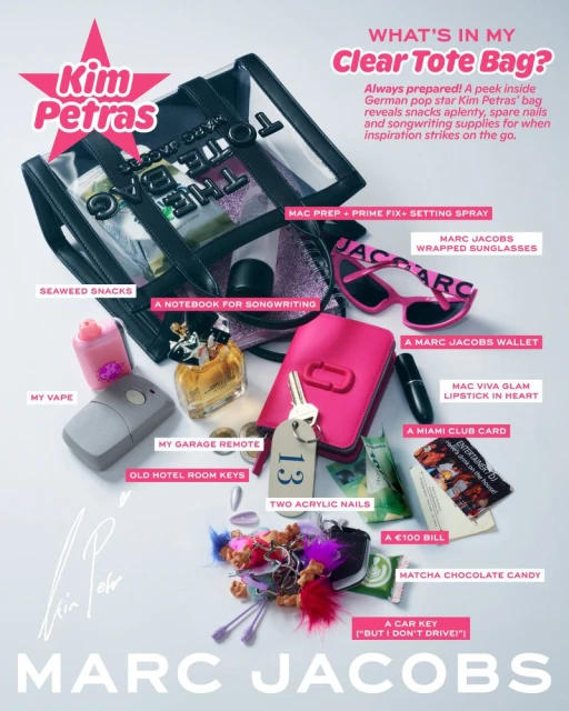 Overhead shot of a clear tote bag filled with beauty products, snacks, keys, and accessories against a white background.