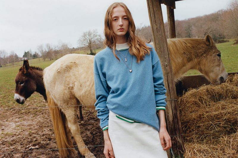 A woman stands in a farm field with two horses and a donkey, wearing a blue sweater and white skirt in a rural setting on an overcast day.