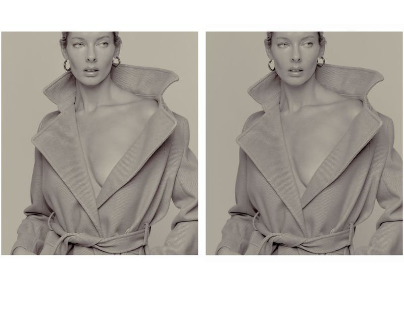 Monochromatic portrait of a fair-skinned woman in a tan overcoat, looking off-camera, duplicated side-by-side in an editorial diptych.