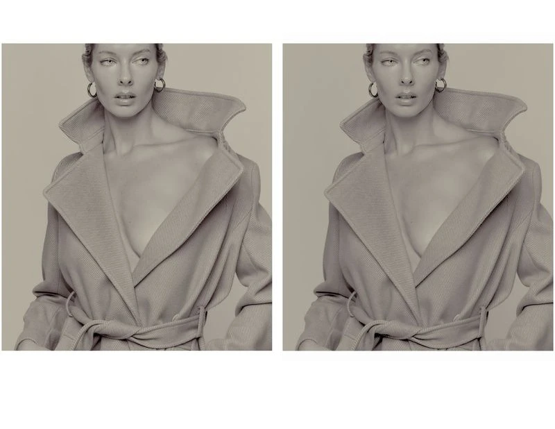 Monochromatic portrait of a fair-skinned woman in a tan overcoat, looking off-camera, duplicated side-by-side in an editorial diptych.