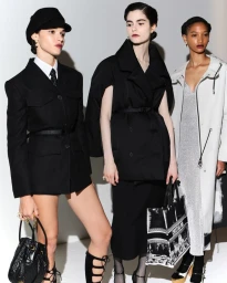 Three female models posing in designer clothing against a clean white backdrop for Dior Pre-Fall 2024 collection.