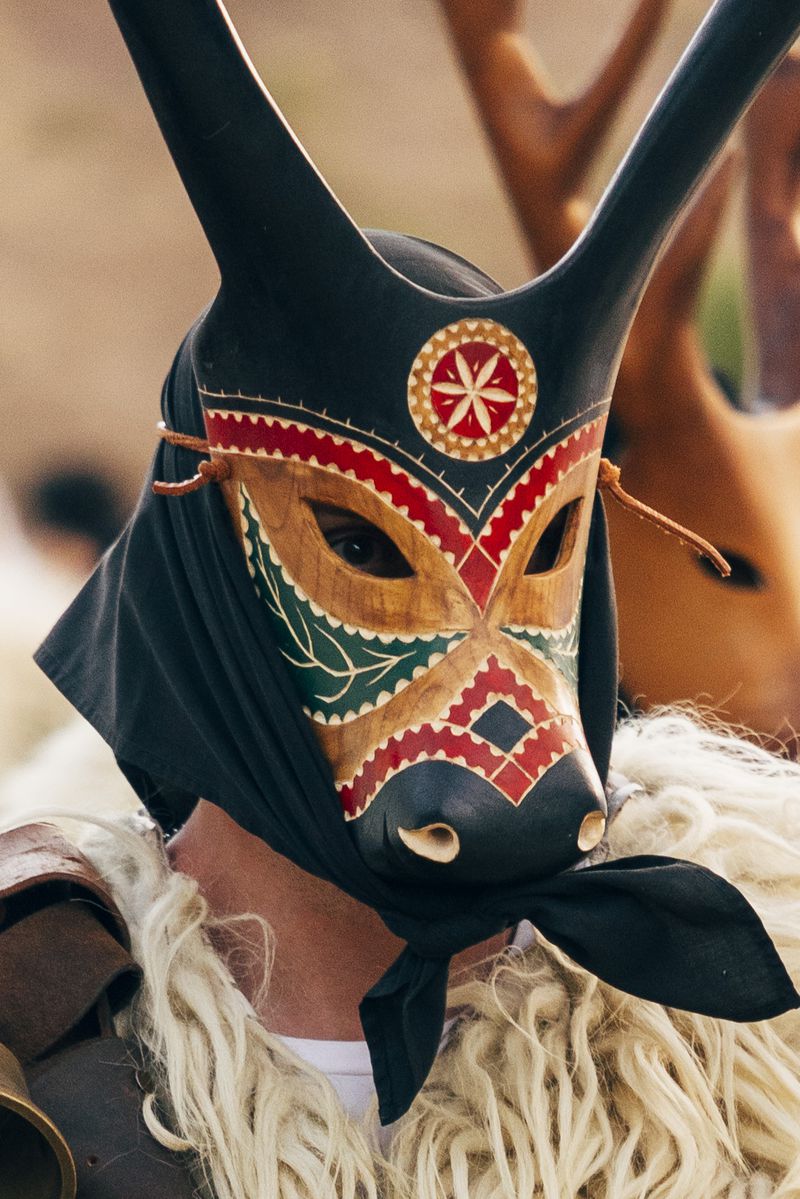Person in traditional Sardinian mask, Mamuthones Isola festival, black head covering, carved wood mask with horn details, shaggy wool costume.