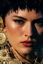 Close-up portrait of a woman with short dark hair wearing ornate gold filigree earrings for Dolce & Gabbana Alta Moda Fall 2024.