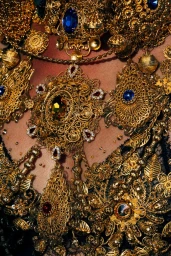 Close-up of ornate gold filigree statement necklace with blue and red gemstone accents worn over black lace apparel.