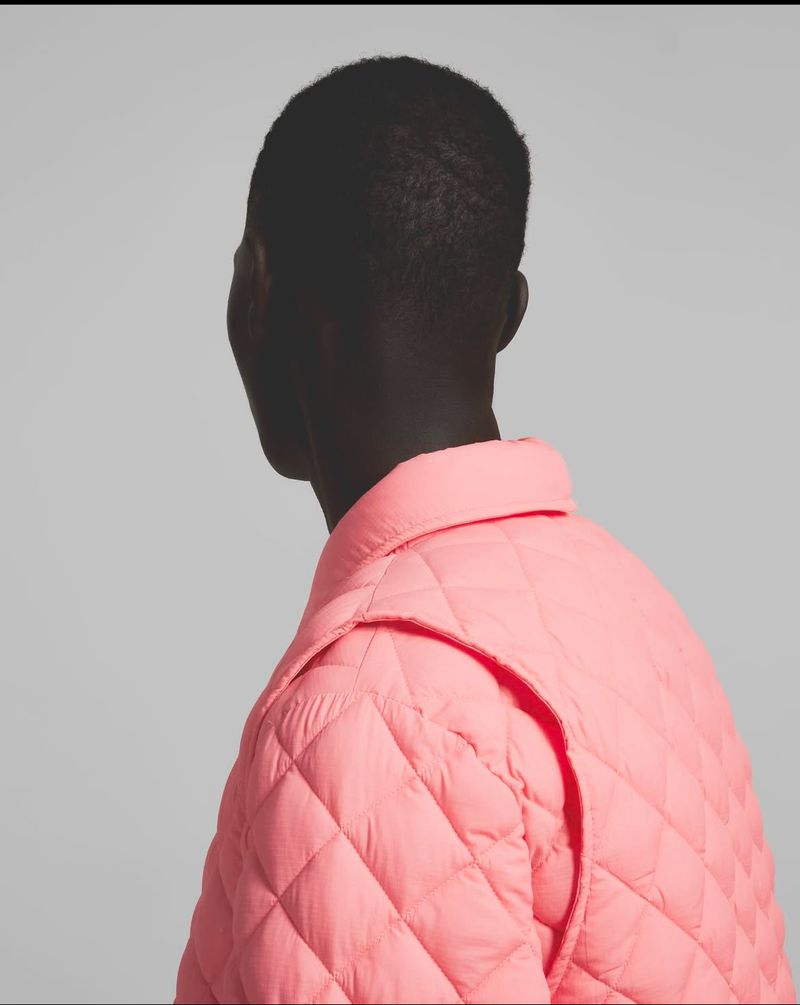 Dark-skinned adult wears a quilted pink jacket in a studio shot against a light gray background. Visible from the back.