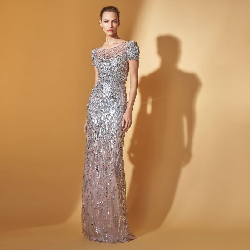 Elegant adult female wearing a silver sequin gown with short sleeves standing in front of a neutral tan background with shadow.