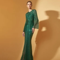 Model wearing a floor-length emerald green beaded gown with long sheer sleeves standing against a warm beige background.