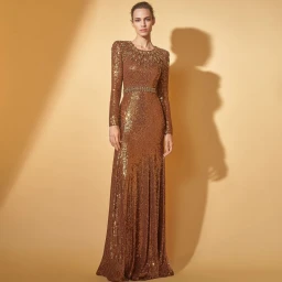 Model wearing a long bronze sequin gown with beaded neckline standing against a warm neutral backdrop