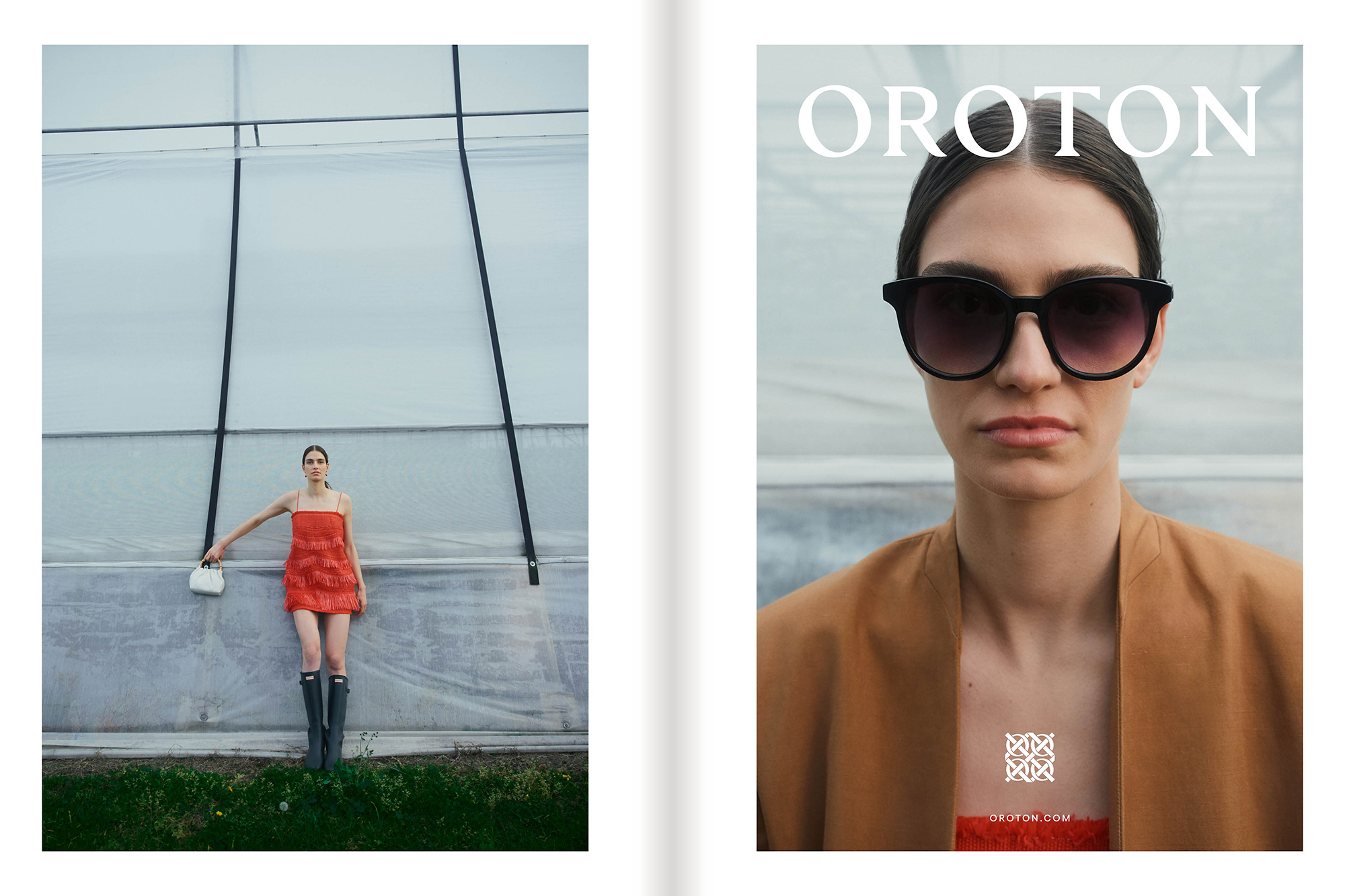 Model wearing dark sunglasses and camel jacket with red dress against a greenhouse exterior for Oroton Spring campaign.