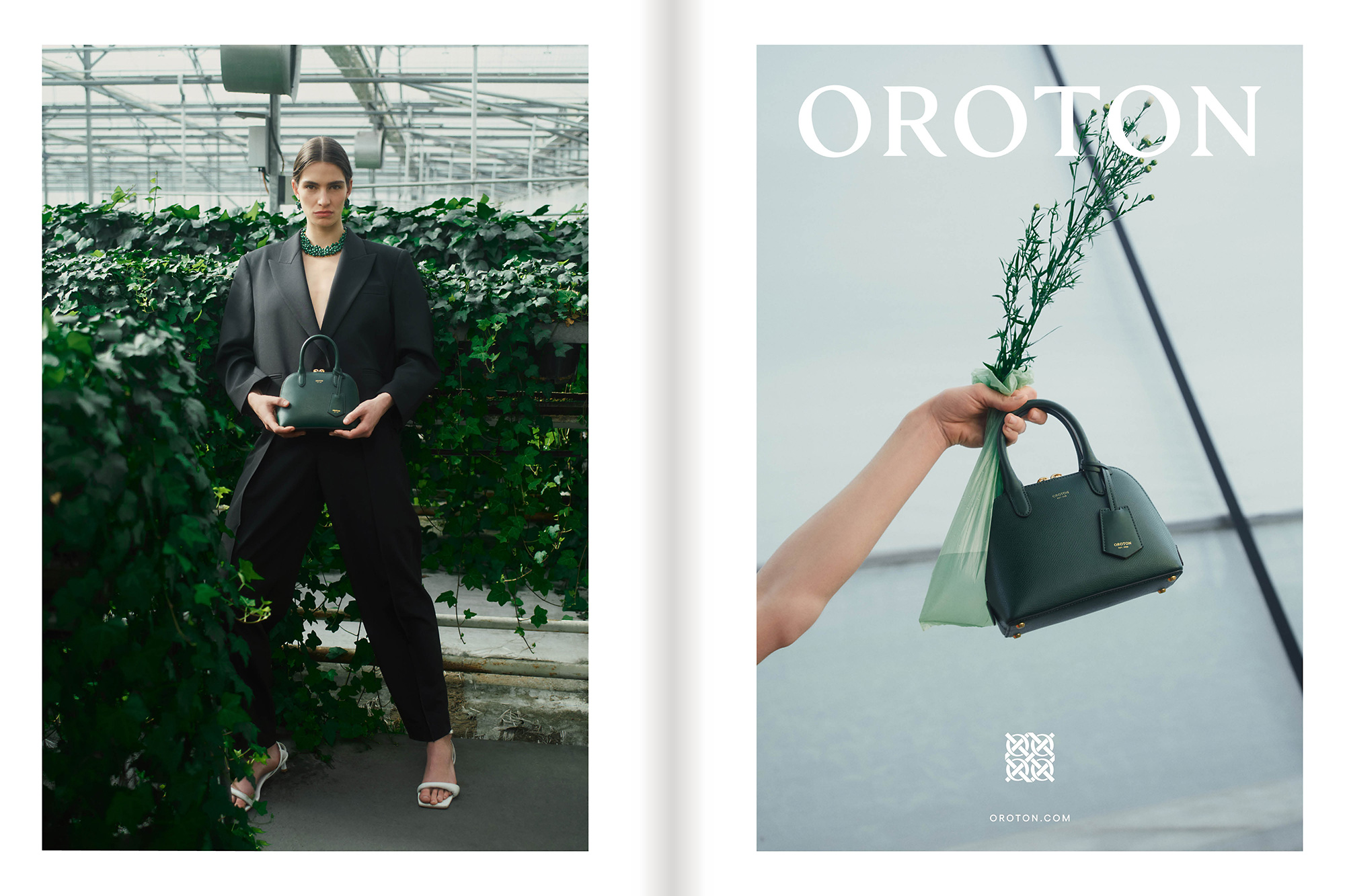 Fashion editorial shot of a woman in a black suit holding a dark green handbag in a greenhouse, plus a close-up product shot.