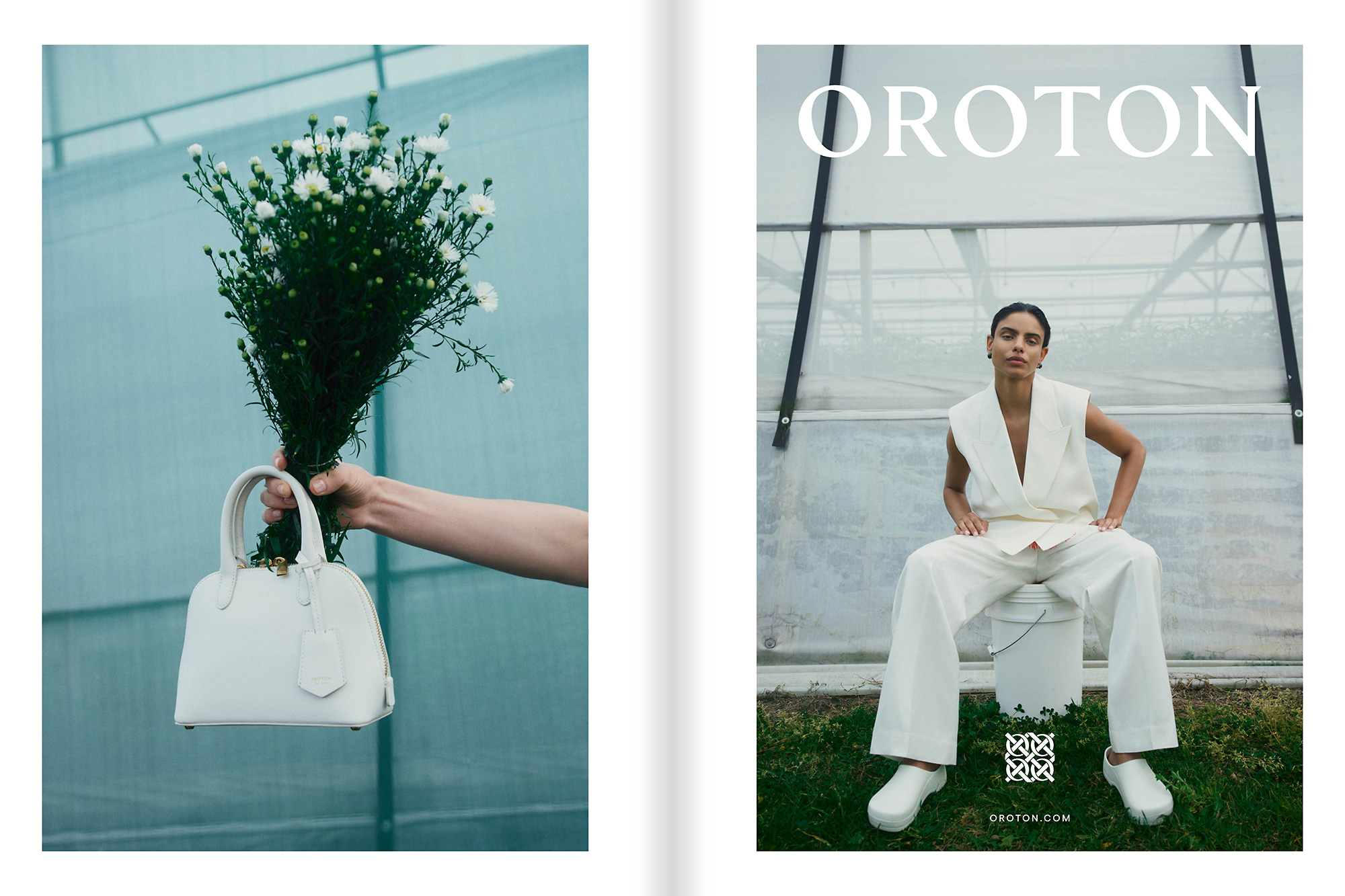 Fashion ad featuring a woman in a white suit sitting on a bucket outdoors. A white handbag and flowers are held in the other image.