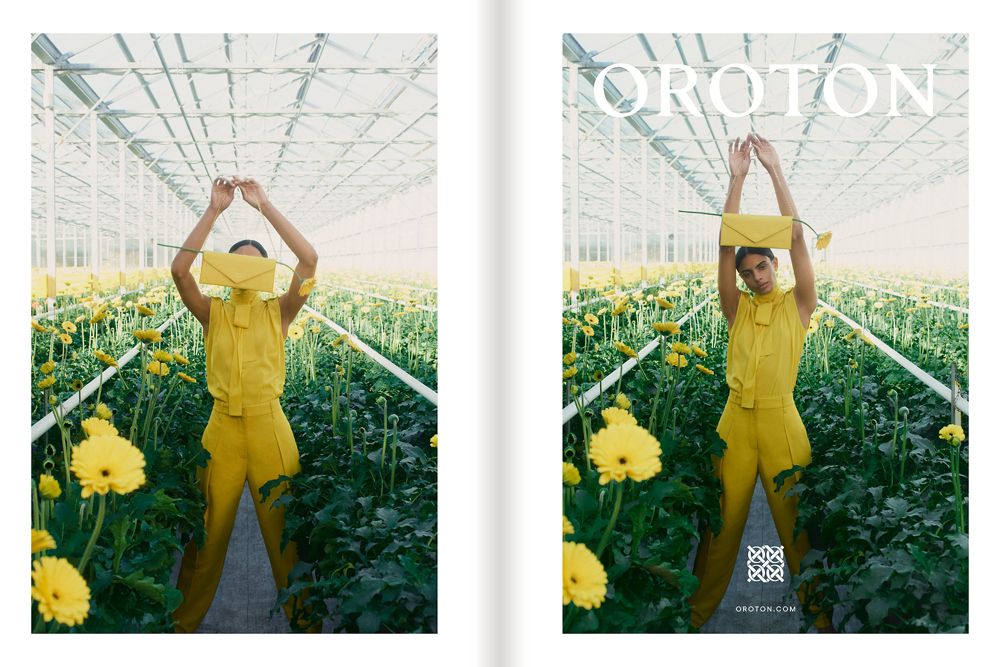 Fashion editorial in greenhouse featuring a woman in yellow outfit holding a yellow bag in front of flowers.
