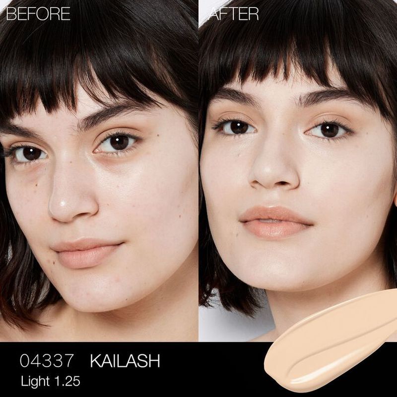 Before-and-after headshot of a woman demonstrating the transformative effects of foundation; fair skin, close-up, indoor setting, makeup