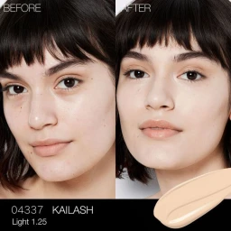 Before and after comparison of a woman's face showing skin texture before and after applying Nars foundation.
