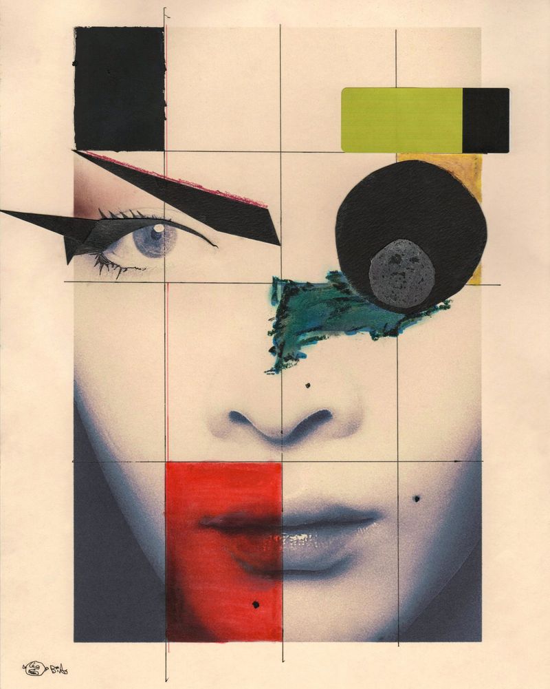 Abstract face portrait in collage with geometric shapes and bold colors: red, black, green and white, graphic design style.