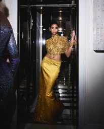 Model standing in a doorway wearing a sparkling gold crystal crop top and matching long skirt for Swarovski at Met Gala 2024.