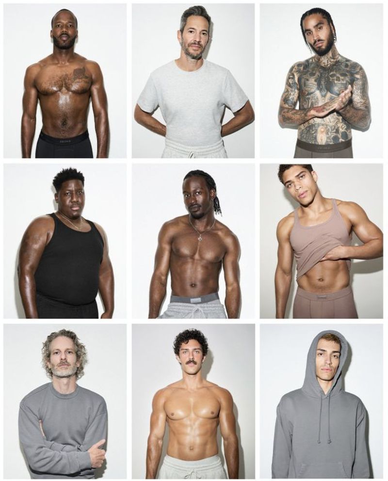 Group of diverse men in casual clothing, some shirtless, posing against a white background in a grid layout. Studio lighting emphasizes their physiques.