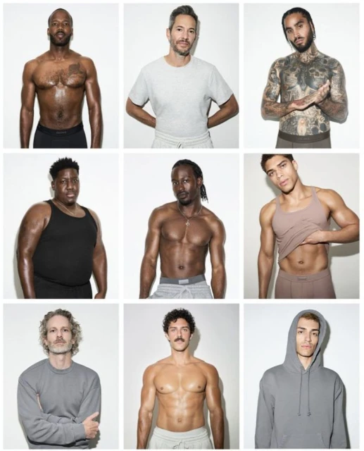 Group of diverse men in casual clothing, some shirtless, posing against a white background in a grid layout. Studio lighting emphasizes their physiques.