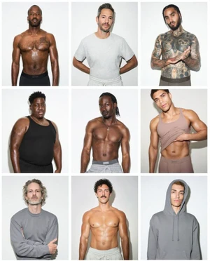 Grid of nine portraits featuring diverse male models wearing loungewear and underwear against a white background.