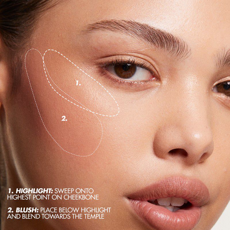 Close-up of a light-skinned adult female face with makeup showing highlight and blush placement guides, demonstrating beauty techniques.