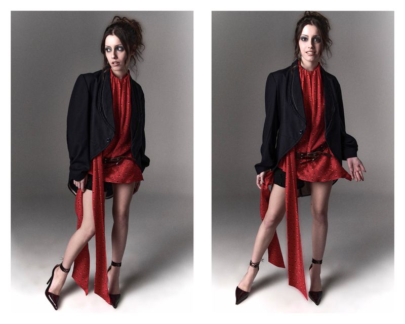 A woman poses in a red dress, black jacket, and heels against a gray backdrop; the image is mirrored, showing the same model twice.