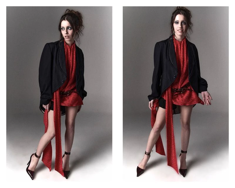 A woman poses in a red dress, black jacket, and heels against a gray backdrop; the image is mirrored, showing the same model twice.