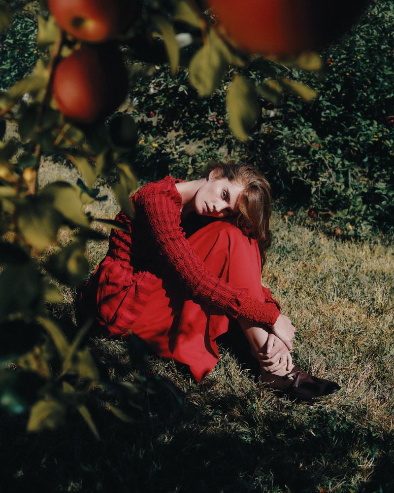 A young woman in a red dress sits in the grass beneath an apple tree, surrounded by green foliage and sunlight.