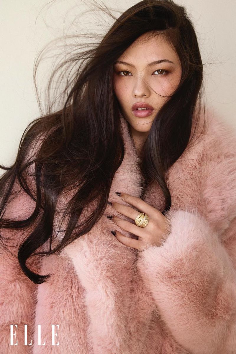 Portrait of a young Asian woman wearing a pink fur coat and gold ring. Her long dark hair blows across her face indoors.