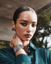 Close-up portrait of a woman wearing a green shirt, silver metallic hoop earrings, and a ribbed metallic bracelet