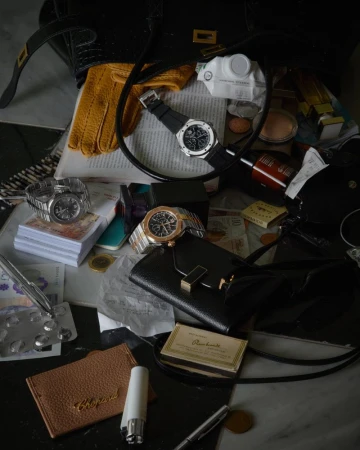 Still life of high-end luxury items, including watches, wallets, perfume, and other accessories, arranged on a black and white surface.