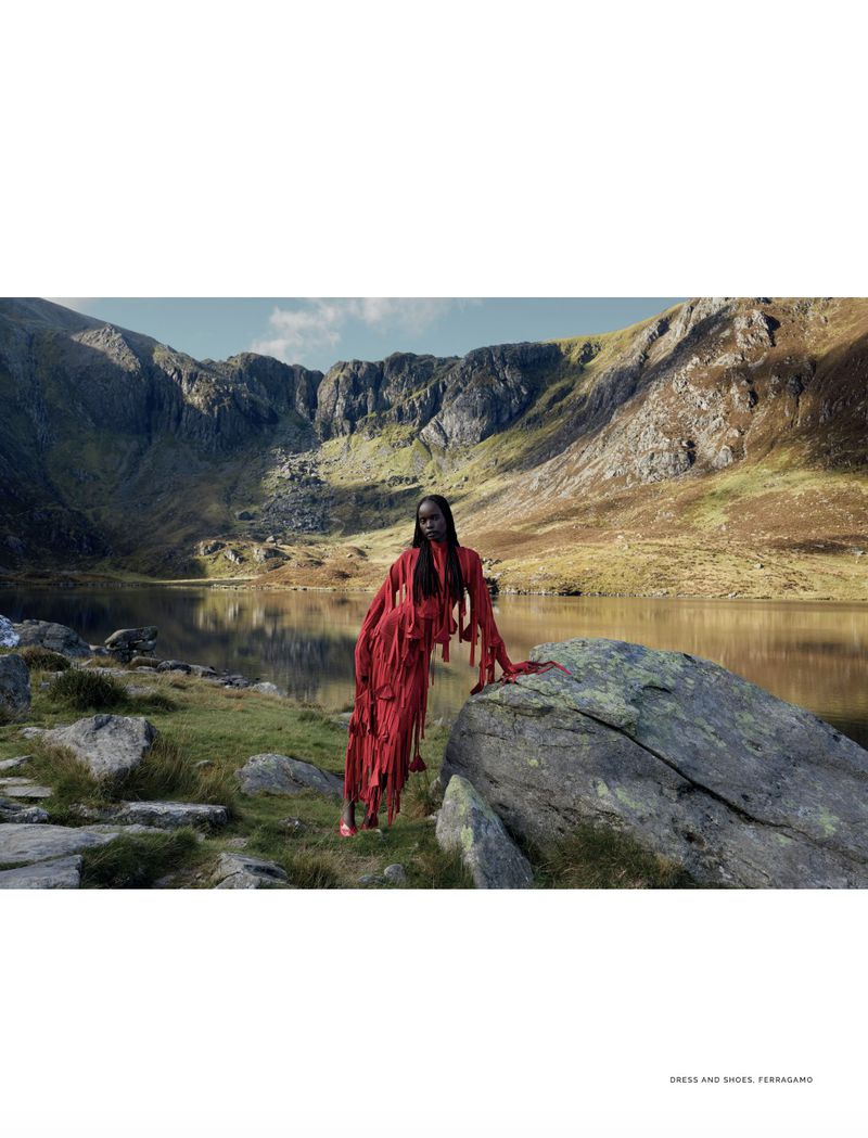 A woman in a red dress poses on a rock near a lake and mountains, creating a striking fashion editorial with natural background and textures.