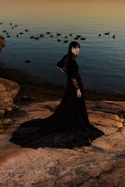 Woman in long black gown stands on rocky shore with ocean and birds in the background, contemplative gaze, landscape orientation.