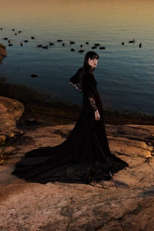 Woman in long black gown stands on rocky shore with ocean and birds in the background, contemplative gaze, landscape orientation.