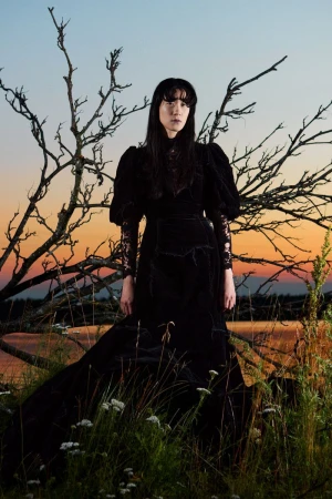 A person wearing a black dress stands in a grassy field in front of trees during sunset, creating a dramatic fashion image.