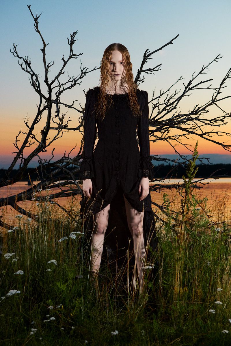 A woman in a long black dress stands in a field of grass and flowers in front of a dead tree, silhouetted against a sunset sky.