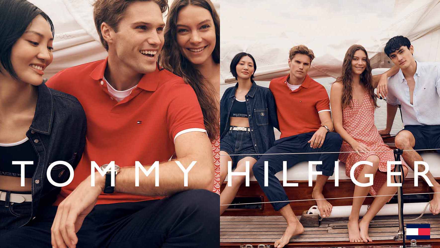 Tommy Hilfiger fashion campaign featuring a group of young adults on a boat, showcasing summer apparel and nautical vibes in a split-screen layout.