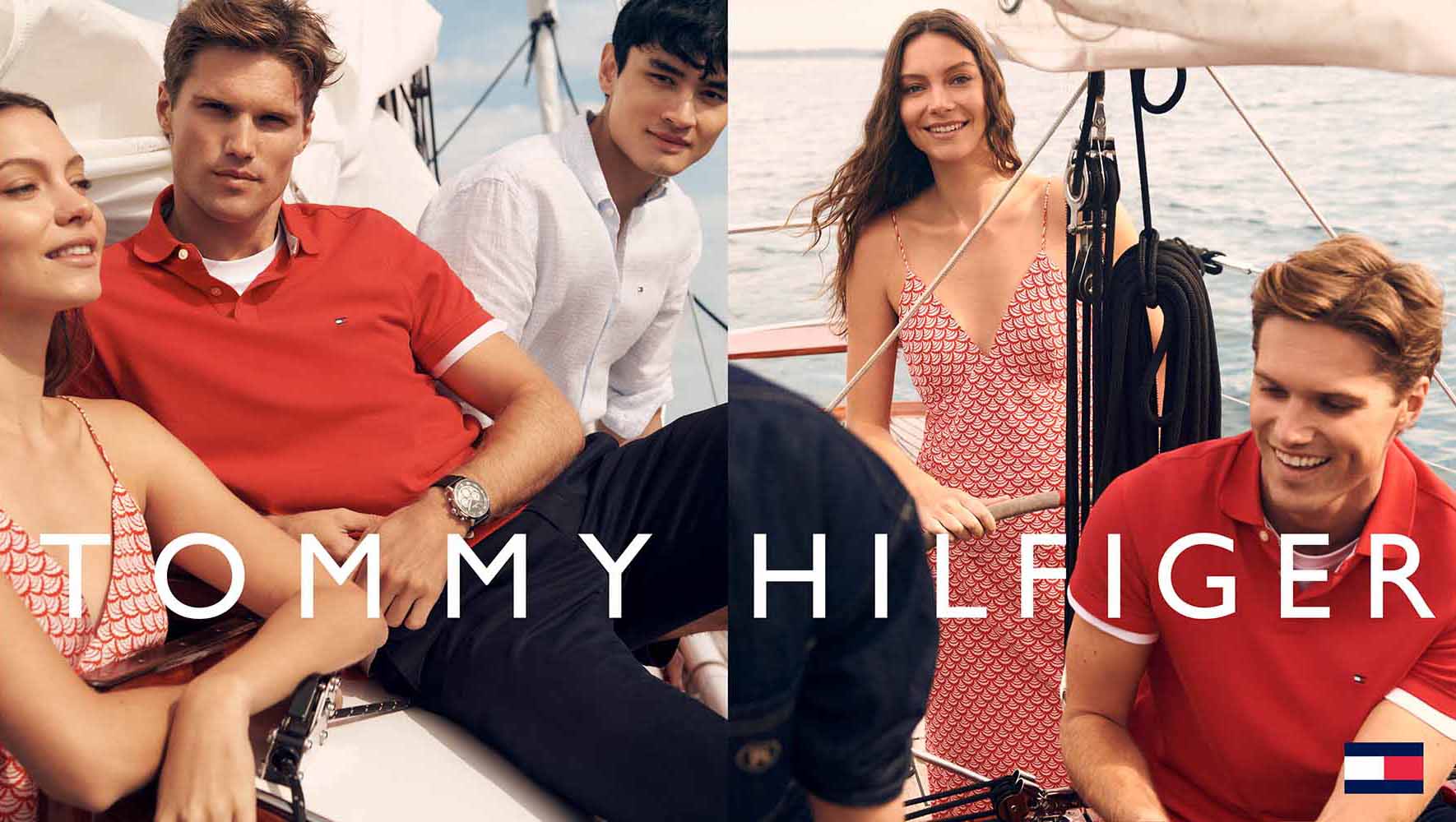 Group of casually dressed young adults in nautical themed Tommy Hilfiger fashion posing on a sailboat on a sunny day near the ocean.