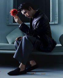 Arthur Chen seated on a sofa holding a red flower in a black leather jacket and grey trousers for Dior Men