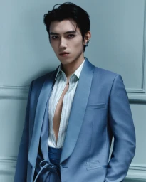 Portrait of Arthur Chen wearing a blue suit jacket and striped shirt against a pale wall for Dior Men Fall 24.