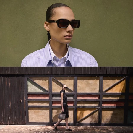 Two-panel fashion shot: woman in sunglasses and blue shirt against green, woman in black dress walking past colorful wall.