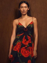 Model Chinchin Hsu wearing a black spaghetti-strap dress with large red rose prints against a warm brown textured background.