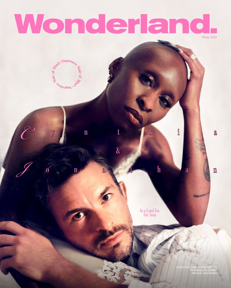 Wonderland. magazine cover featuring Cynthia Erivo and Jonathan Bailey. Close-up of the two actors posing intimately in a photo studio.