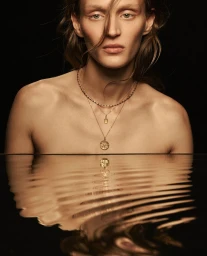 Close-up portrait of a model wearing layered gold necklaces above a reflective dark water surface for Temple of the Sun.