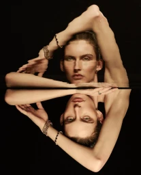 Model with bracelets reflected in water against a dark background for Temple of the Sun Reflections campaign